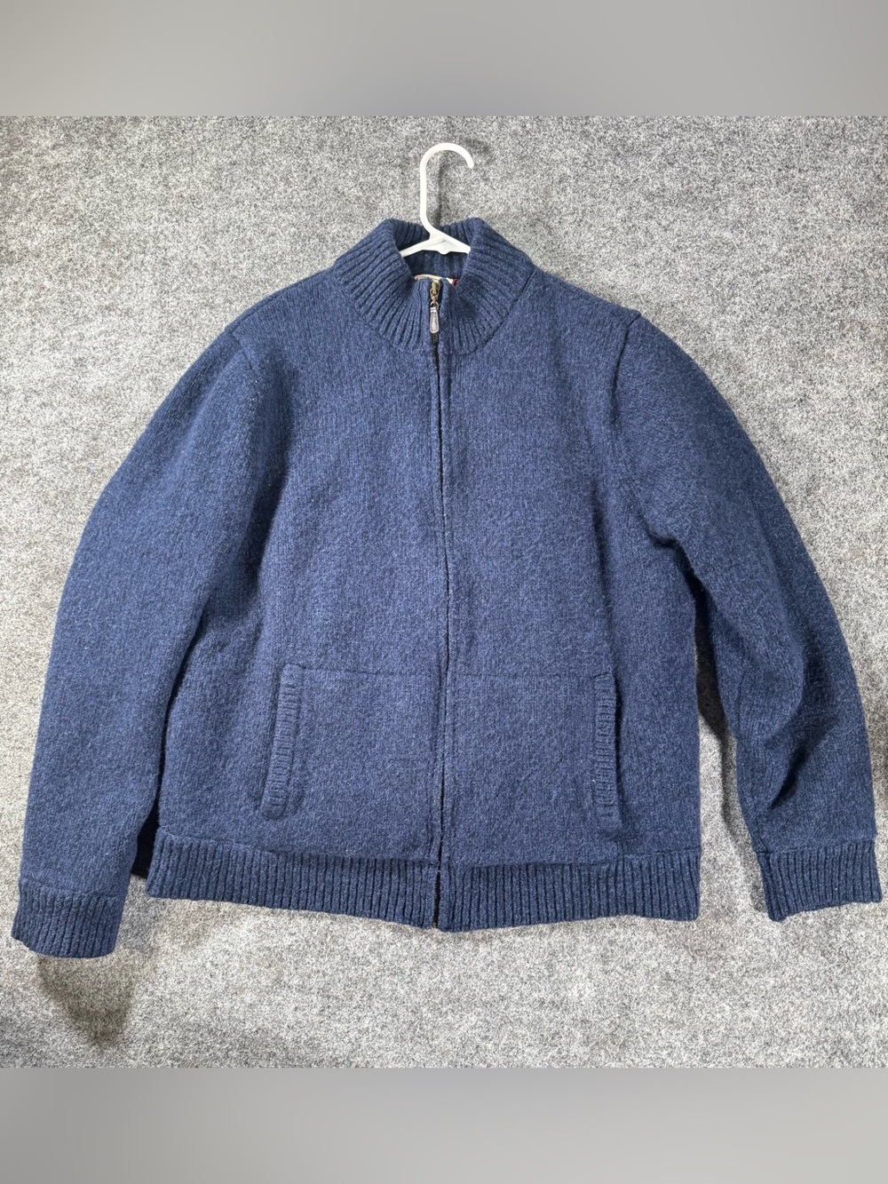 L.L.Bean Wool Full Zip Sweater Jacket Plaid Lined Navy Blue Men's Large USA